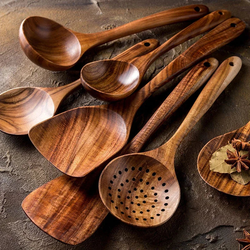 Conjunto de cozinha de tea de teca esculpida à mão
