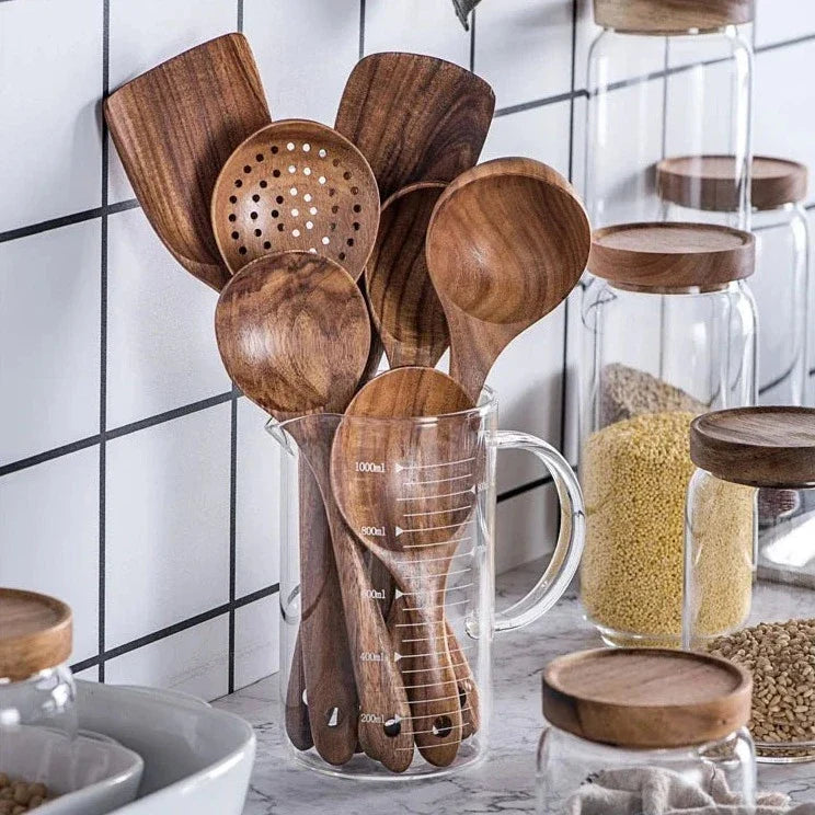 Conjunto de cozinha de tea de teca esculpida à mão